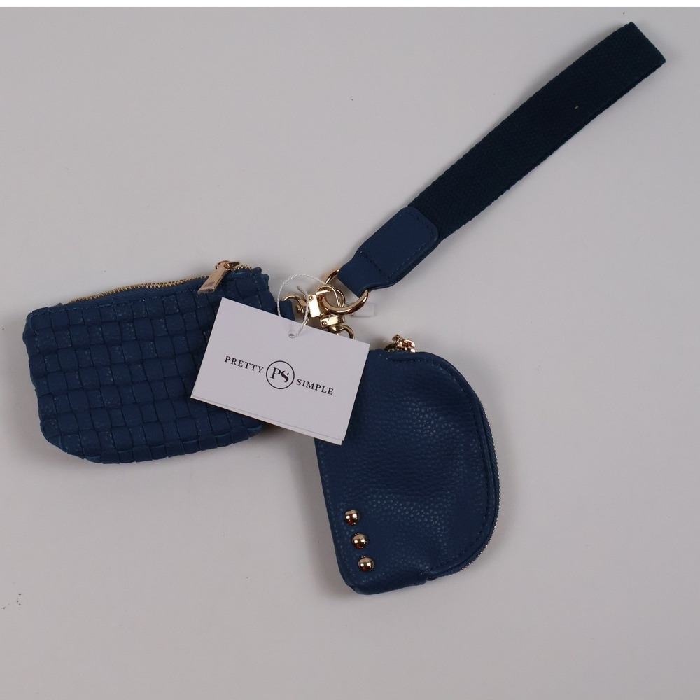 Pretty Simple Dual Pouch Wristlet Navy Blue Woven Pebbled NWT